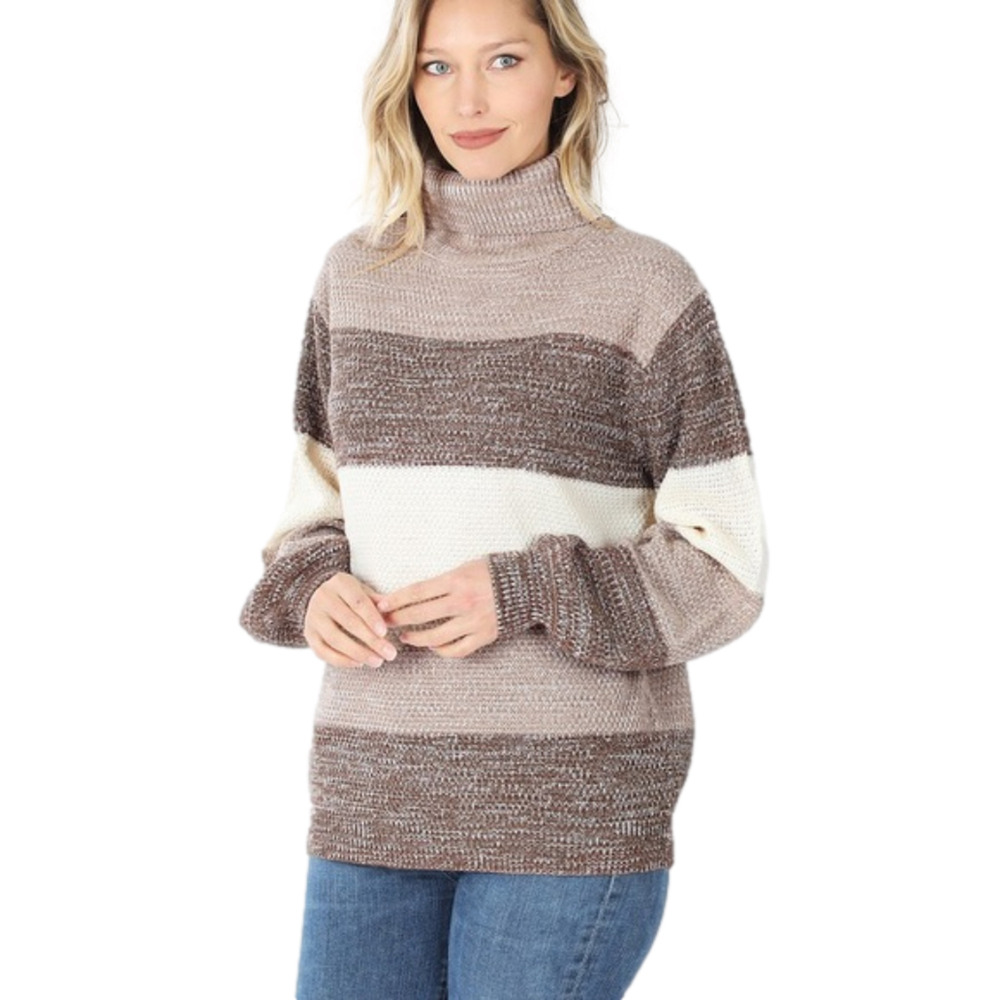 Zenana Sweater Women's XL Color Block Cable Knit Turtle‎ Neck Brown/White